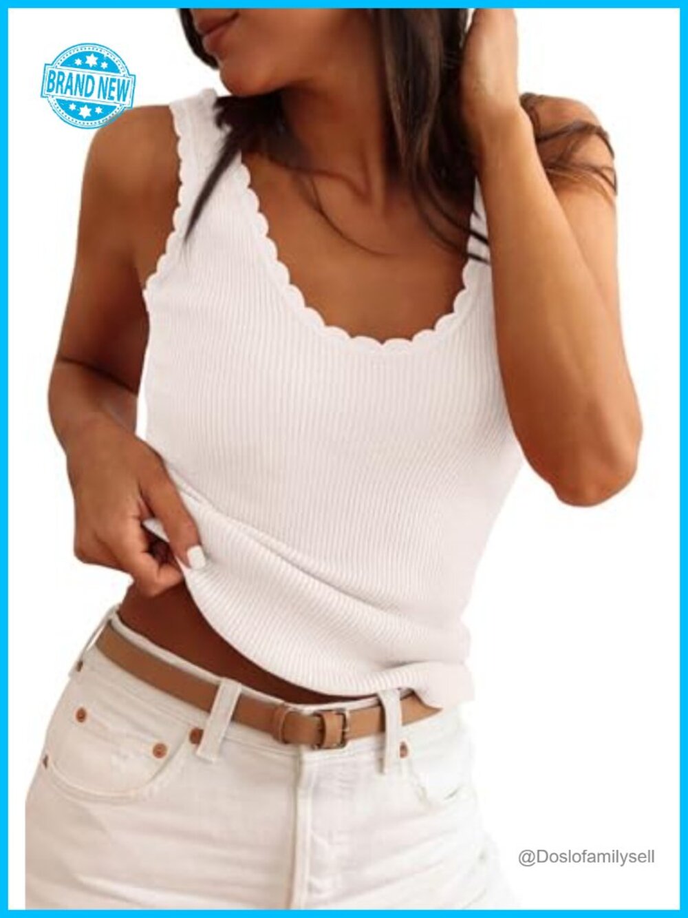 Ribbed Knit Sleeveless Tank Top Slim Fit Ruffle Trim V-Neck Summer Basic